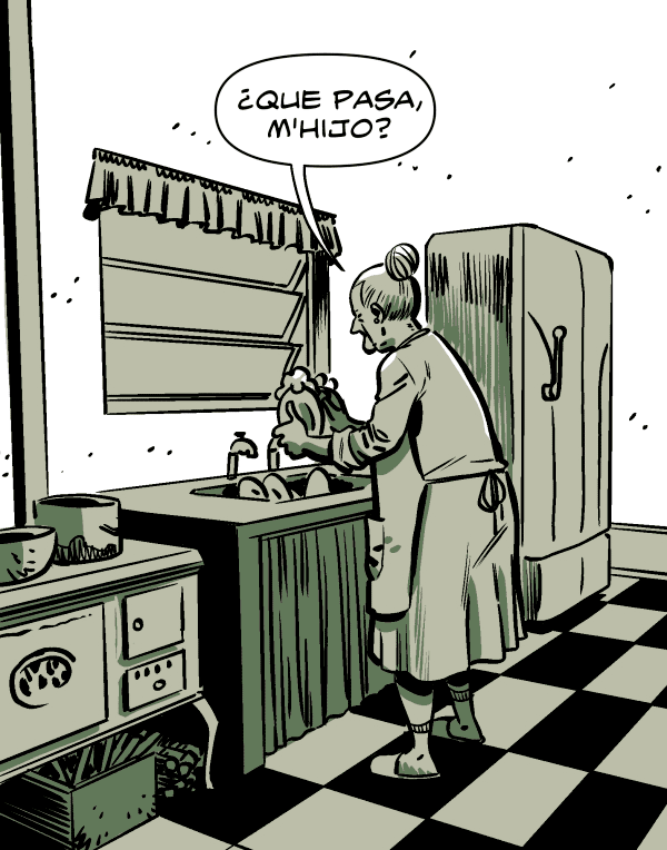 La abuela lava los platos. Abuela: Que pasa, hijo? 